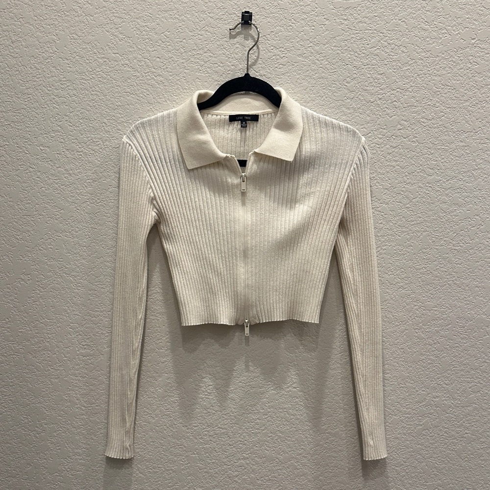 Love Tree Cream Ribbed Zip Polo Top